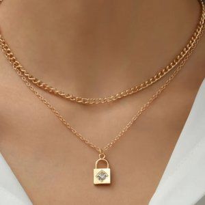 NEW💛 Double Layer Rhinestone Padlock Necklace